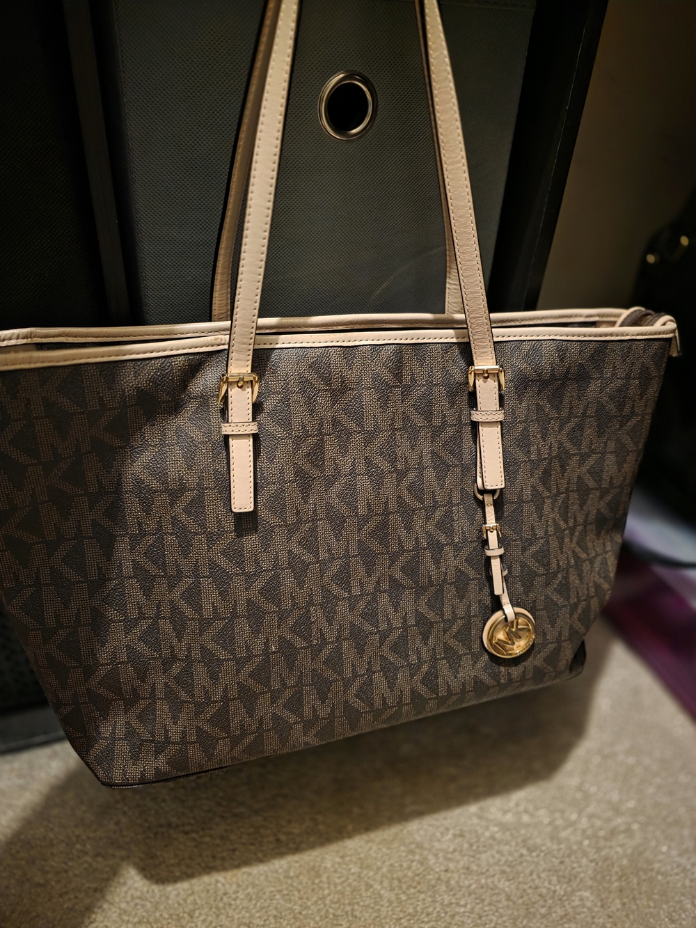Michael Kors Brown MK Logo Tote with Cream Straps